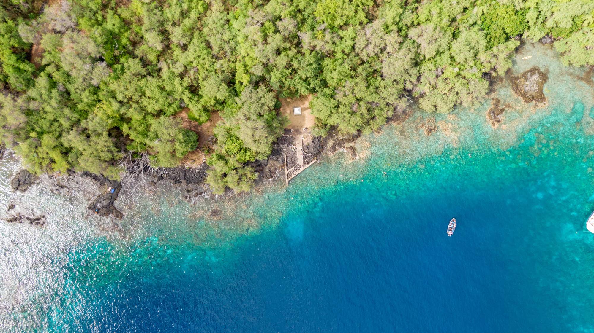 iStock-1093364754-min Stunning aerial drone view the Captain James Cook monument in Kealakekua Bay, Big Island, Hawaii.