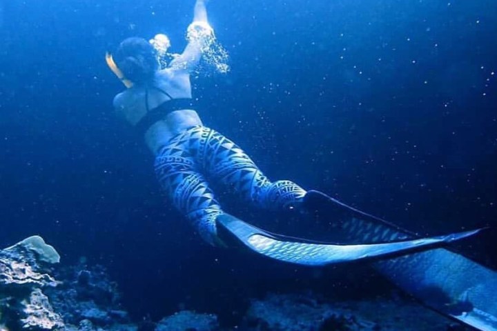 Person in mermaid costume swimming underwater above rocks