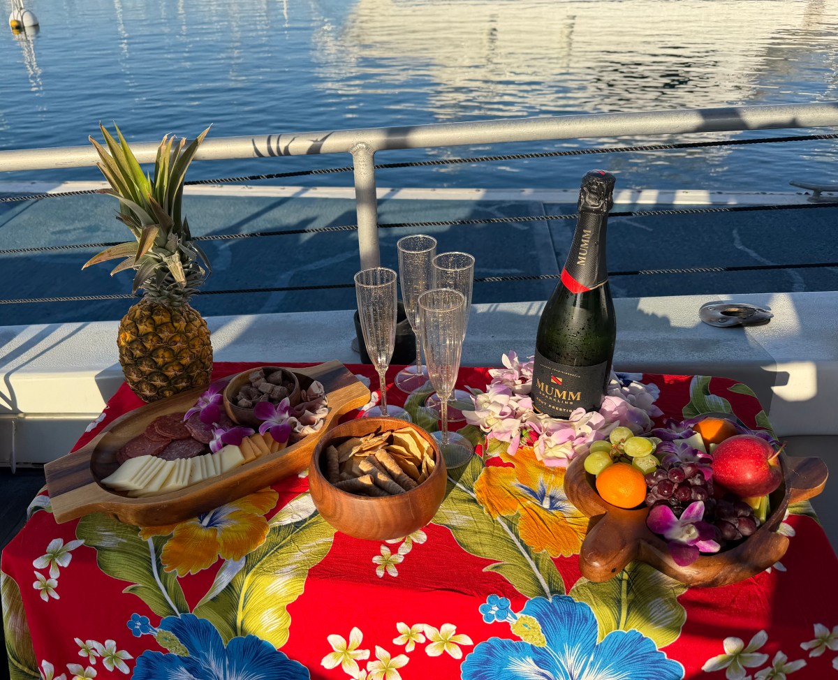 Plate of Hawaiian pupus (appetizers) on a private charter boat.